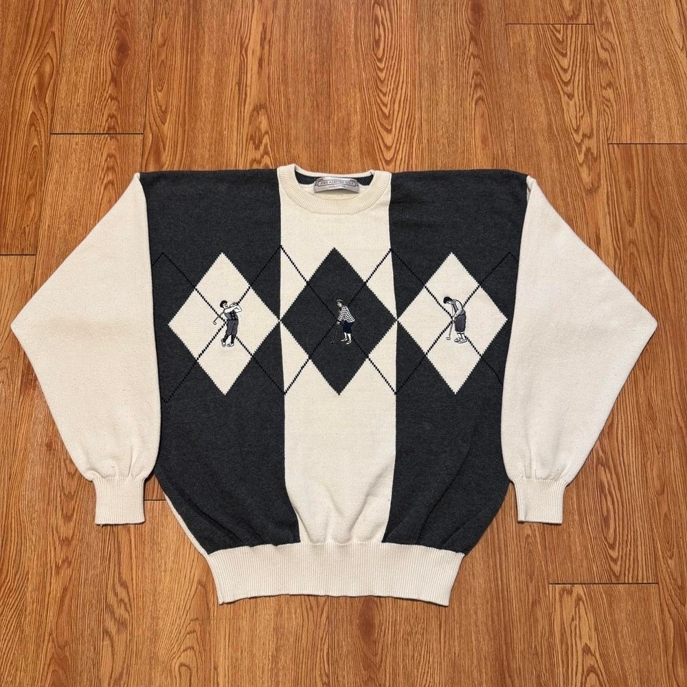 Vintage Men's Sweater Golf Embroidered Striped Geometric White Measures Large